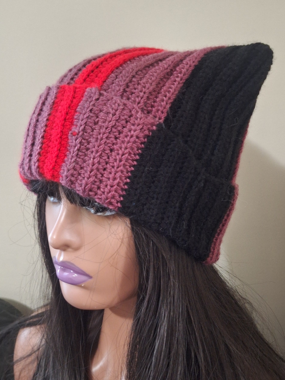 Striped Knit Beanie Hat in Black, Pink & Red